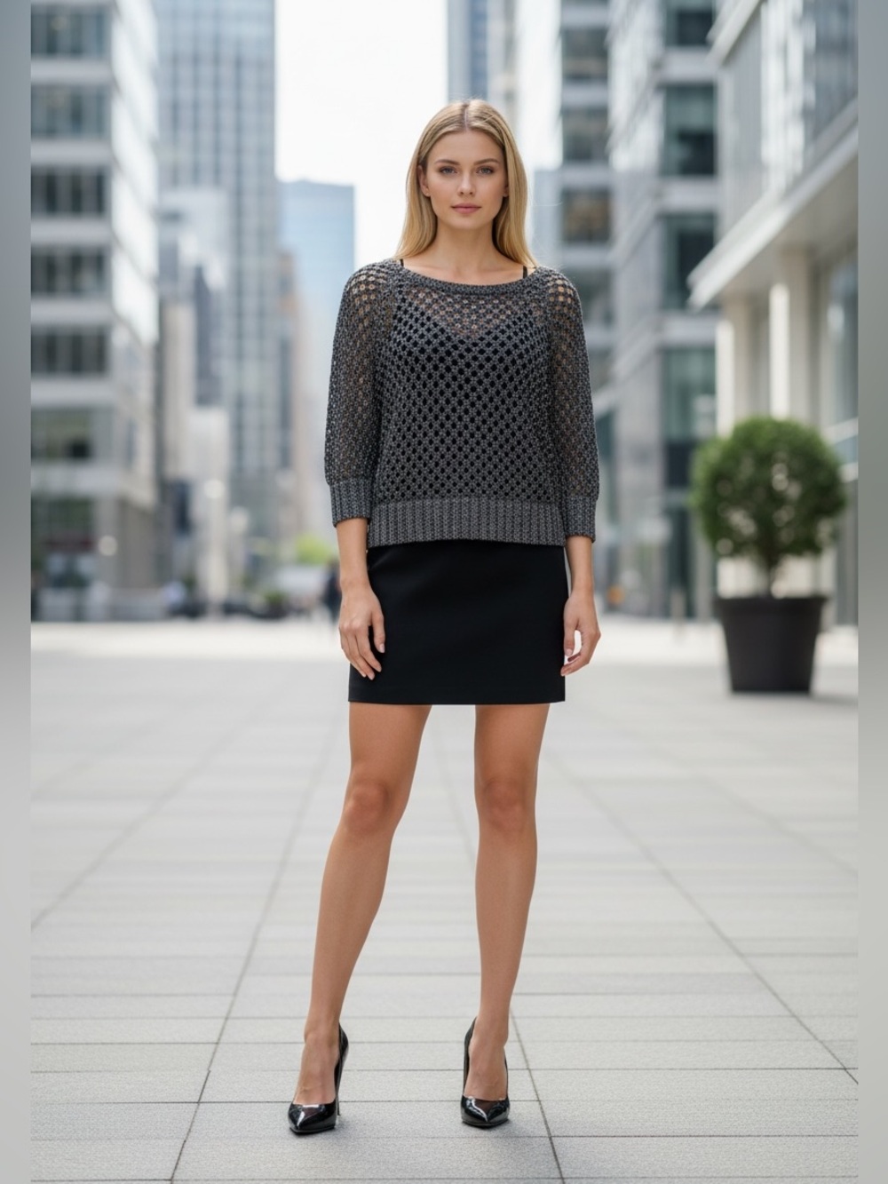 Dynamite, XS, Metallic Fishnet Knit Sweater Grey Silver Open Knit Crop Top Y2